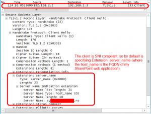 The client is SNI compliant, so by default is specifying Extension: server_name (where the host_name is the FQDN of my SharePoint web application).