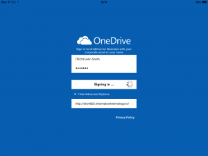 Configure OneDrive for Business 1.2.2 (iOS) using an account that has space characters in the logon name.